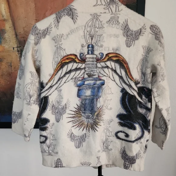 Christian Audigier Vintage Wool Blend Graphic Zip-Up Sweater - Cream and Black - Picture 5 of 9